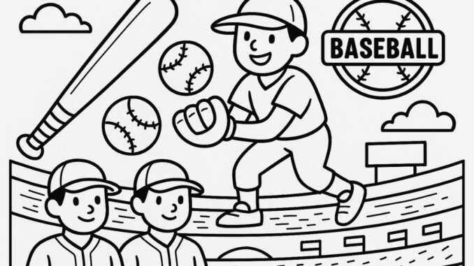 Dessin et coloriage de baseball à imprimer : batte, balle, équipe, logo...