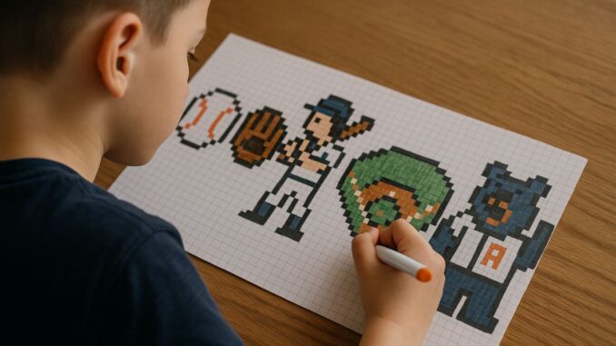 Pixel Art Baseball : balle, gant, joueur, terrain, mascotte